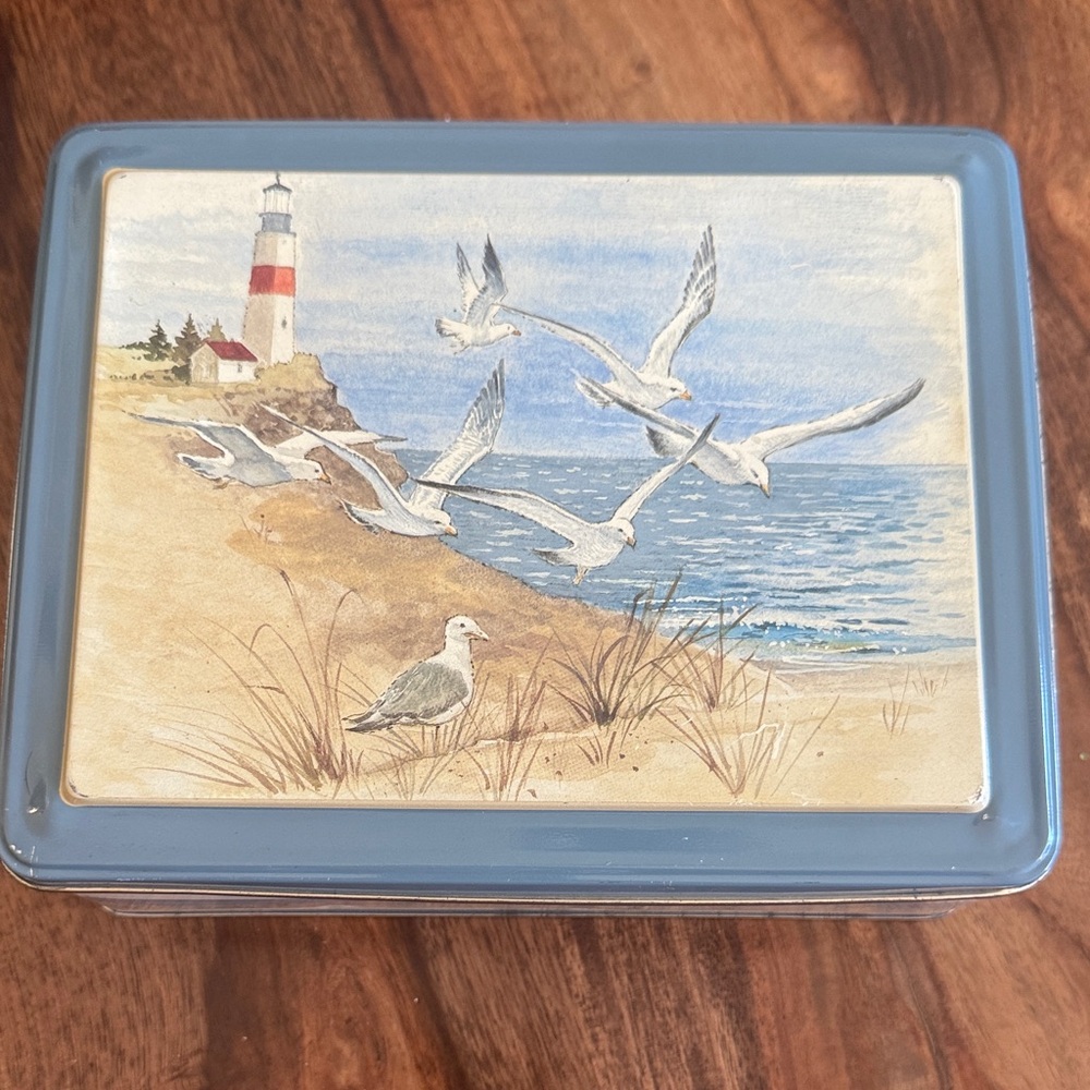 Vintage Seaside Lighthouse and Seagulls Tin Tea Box 1980s